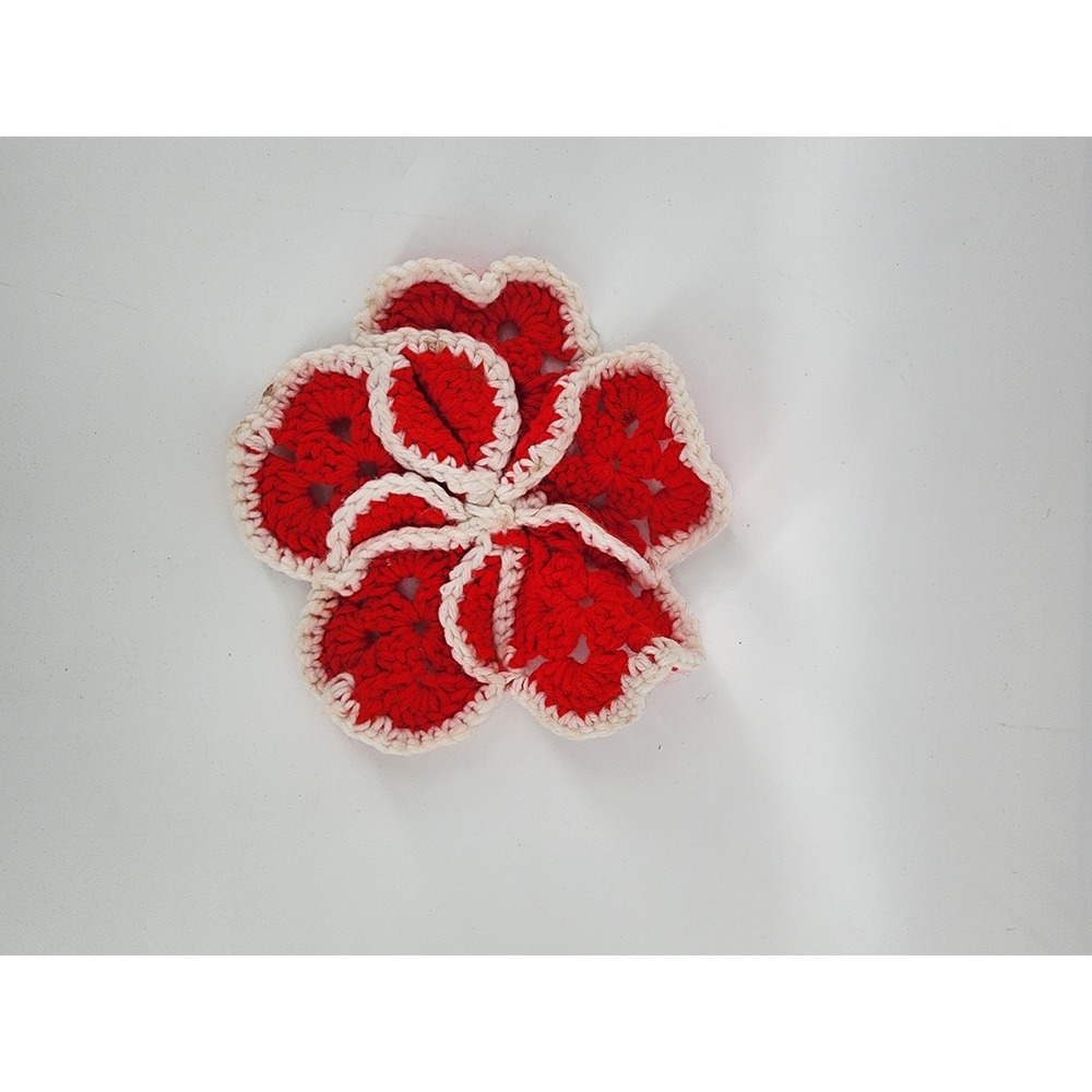 Handmade Crochet Red and White Floral Granny Square Heart Petal Trivet Coaster